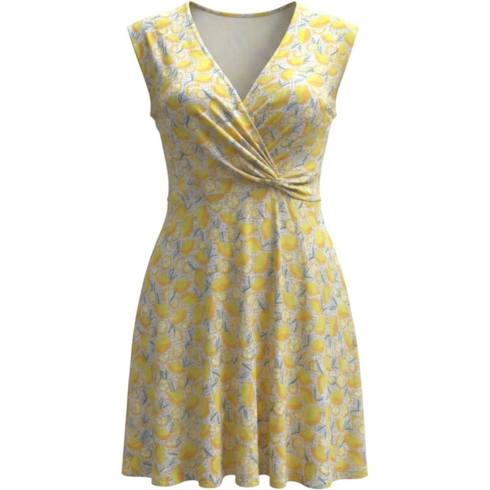 Lands End Lemon Print Twist Front Dress Womens 1X Stretch Cottagecore Vibrant